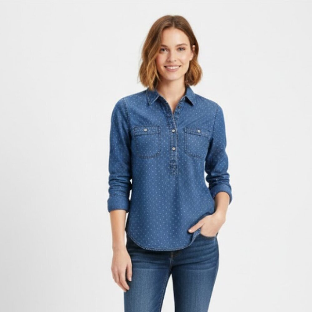 Madewell Top‎ size XS Blue Polka Dot Denim Long Sleeve Soft Preppy Popover